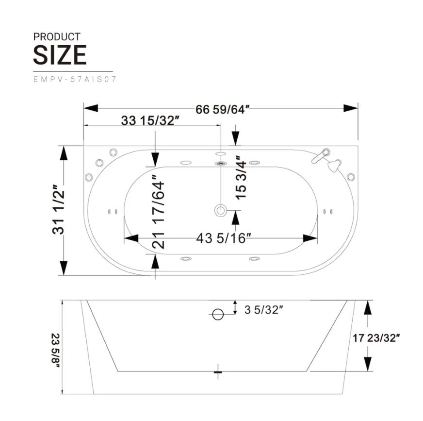 Empava 67 in. Whirlpool Freestanding Acrylic Bathtub | EMPV-67AIS07 - Image 10