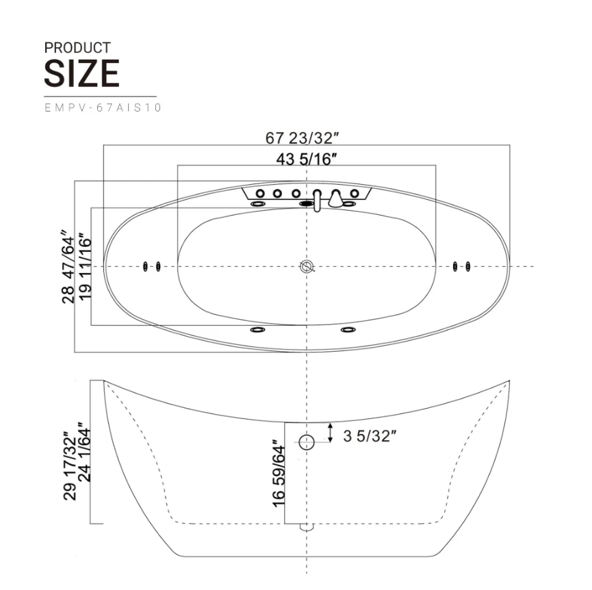 Empava 67 in. Whirlpool Freestanding Acrylic Bathtub | EMPV-67AIS10 - Image 9