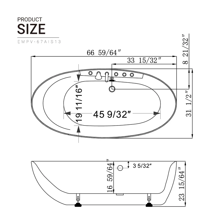 Empava 67 in. Whirlpool Freestanding Acrylic Bathtub | EMPV-67AIS13 - Image 10